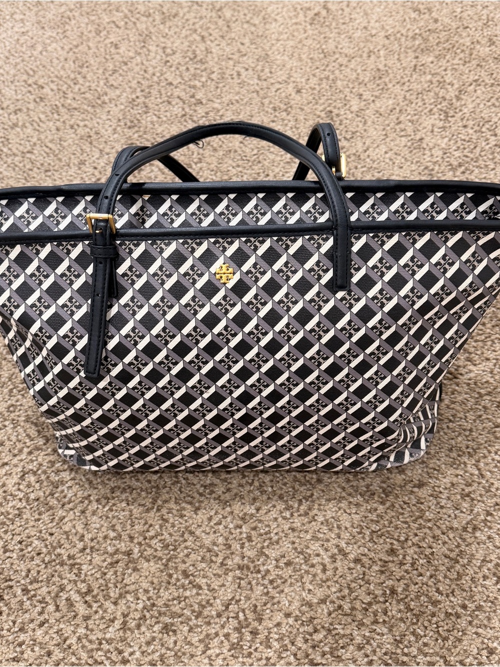 Tory Burch Black & White Patterned Tote with Gold Logo Accent